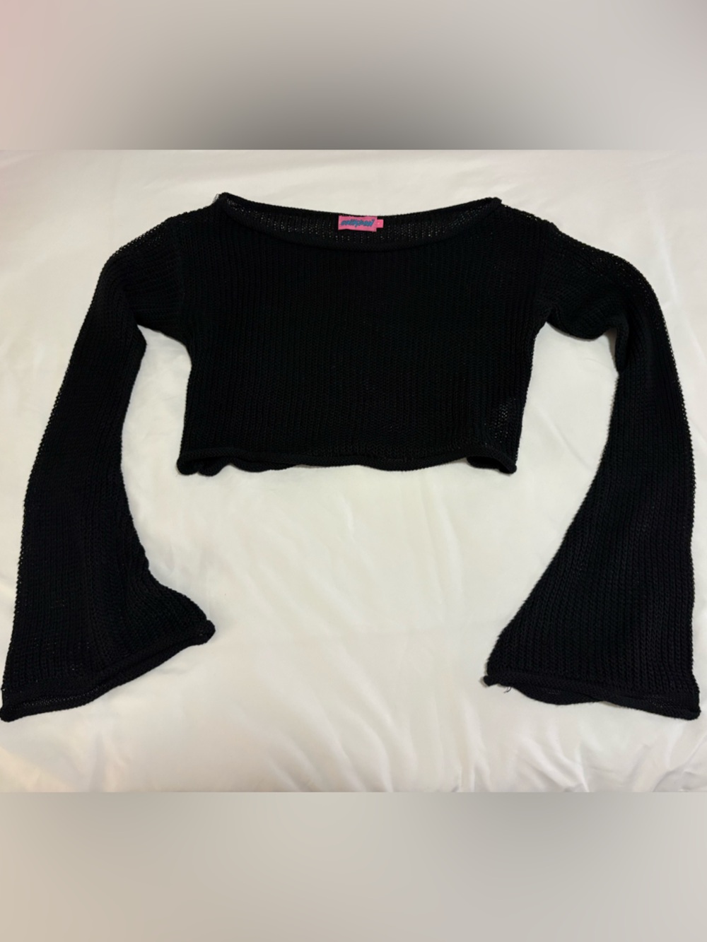 Edikted Black Off-the-Shoulder Cropped Knit Sweater See through - Picture 1 of 4